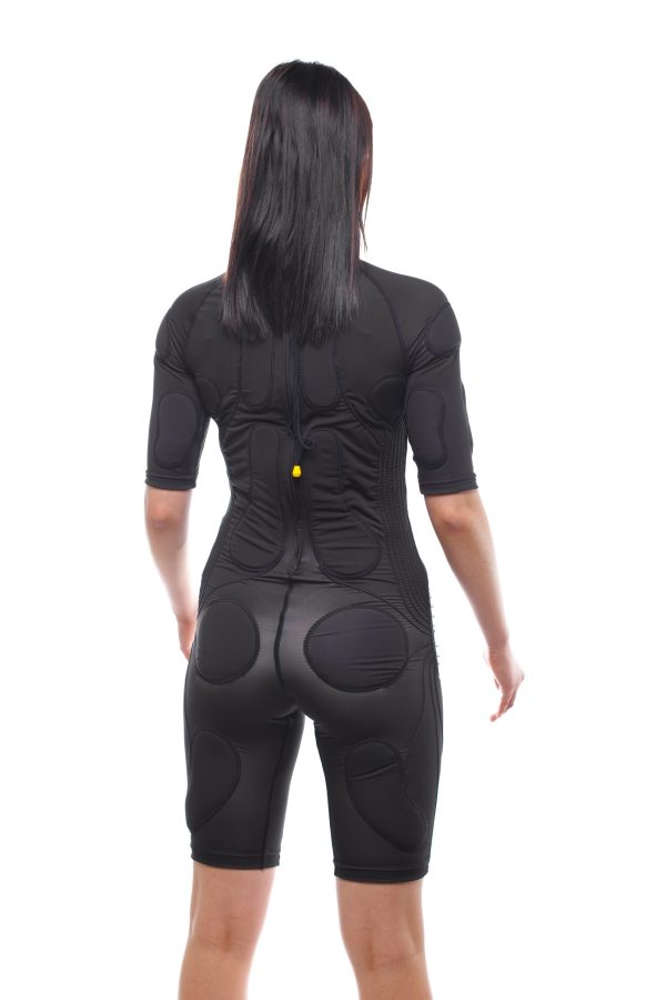 woman wearing black suit from the back